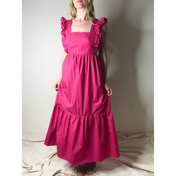CAARA Ruffle Open Tie Bow Back Cotton Magenta Prairie Maxi Dress NWT US MEDIUM - Picture 5 of 16